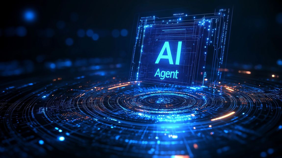 Glowing blue AI agent cube over a futuristic circuit board background