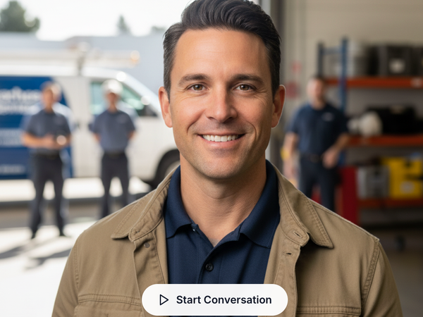 Smiling man in a tan jacket stands in a workshop with blurred workers and equipment behind him