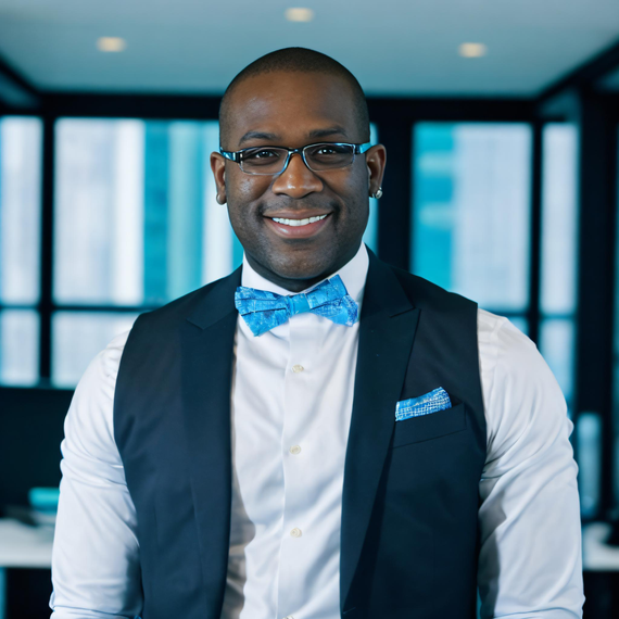 Smiling person in glasses, blue bow tie, and vest in a modern office hallway