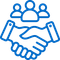 Blue icon: Handshake with three people above, symbolizing partnership and collaboration.