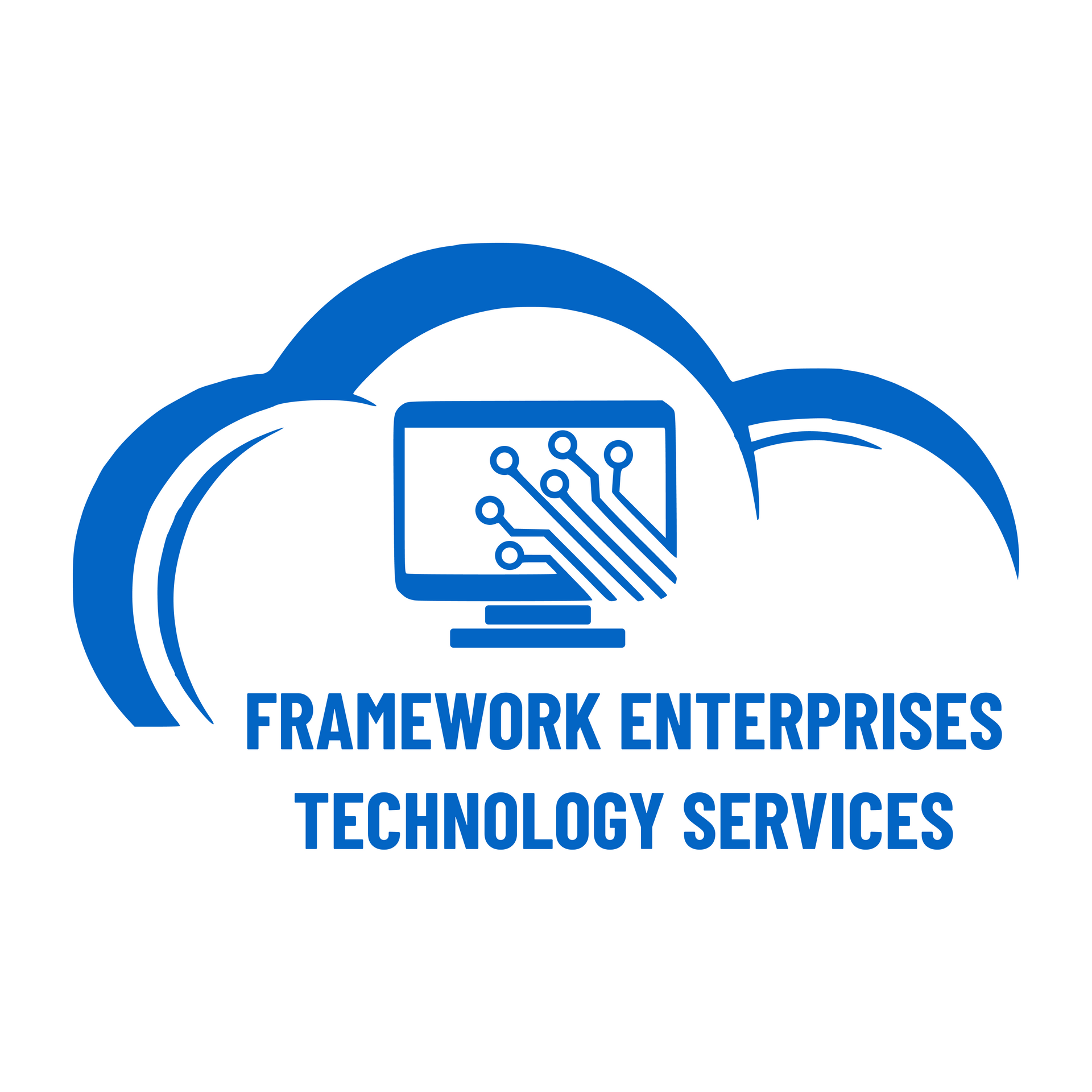 Blue cloud encompassing a computer monitor with circuit board lines, "Framework Enterprise" text below.