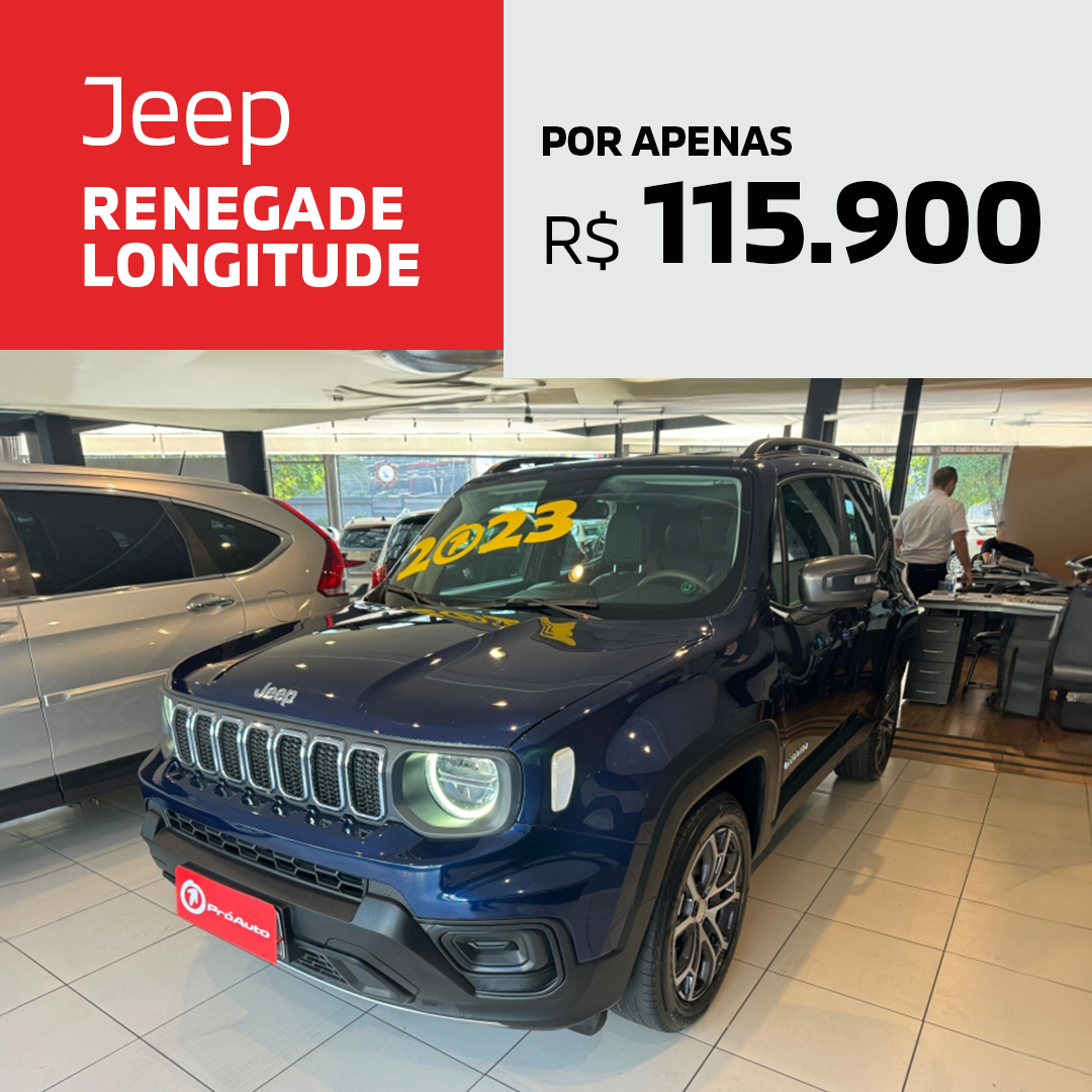 Um jipe renegado azul está estacionado em uma sala de exposição.