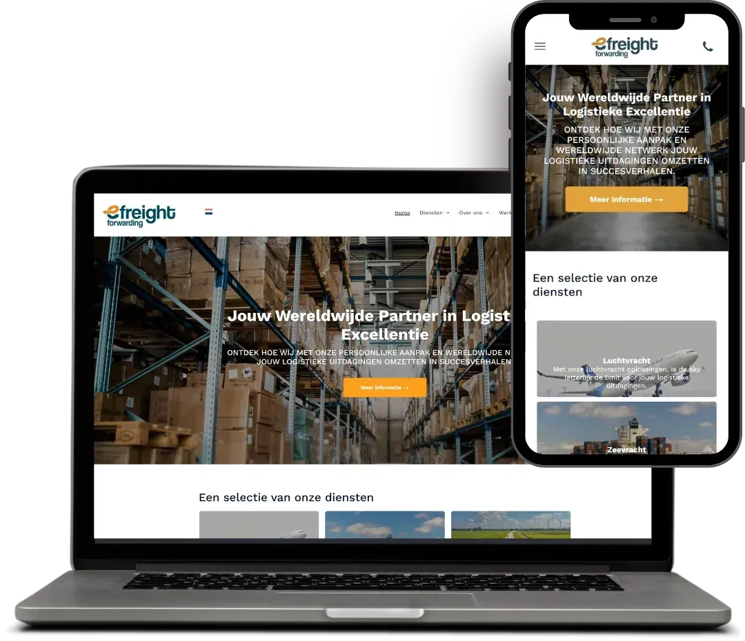Een laptop en een mobiele telefoon geven een magazijnwebsite weer.