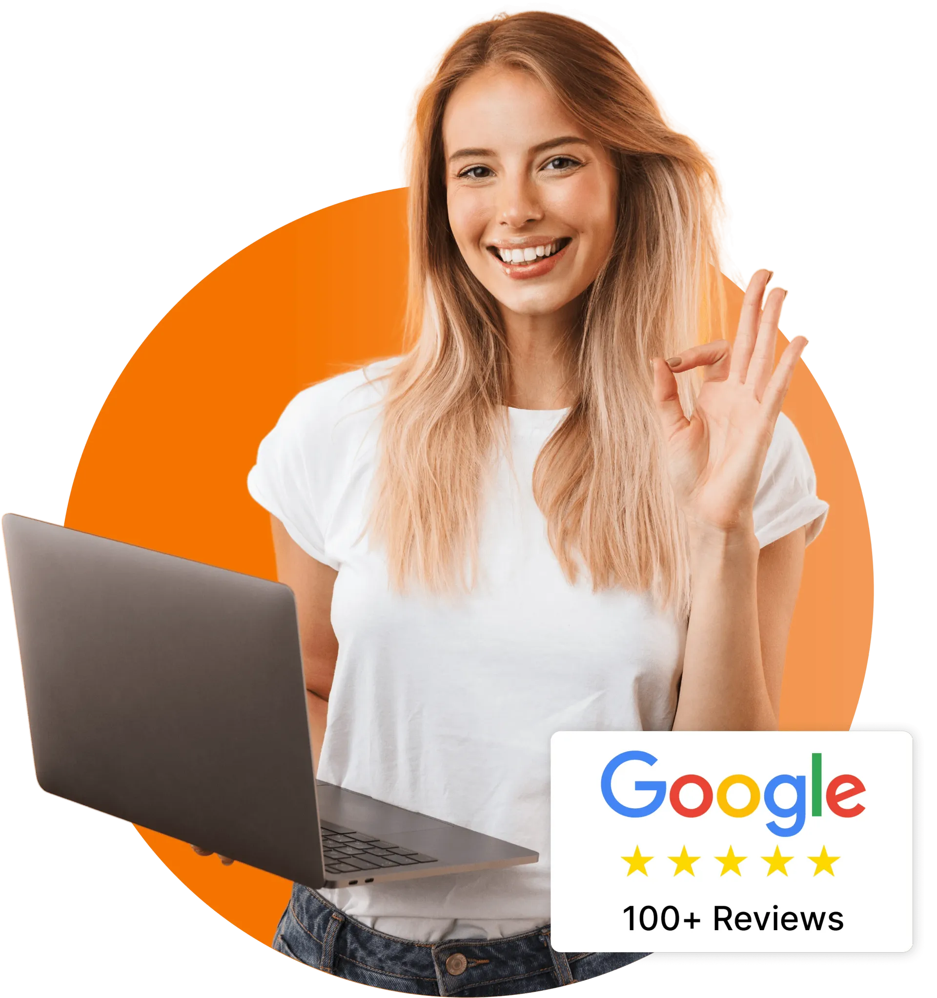 ictvianen 100 reviews vrouw met laptop achter oranje cirkel