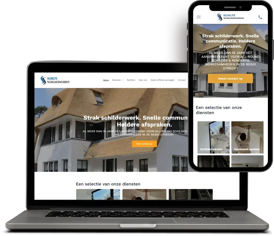 Een laptop en een mobiele telefoon geven een website weer.