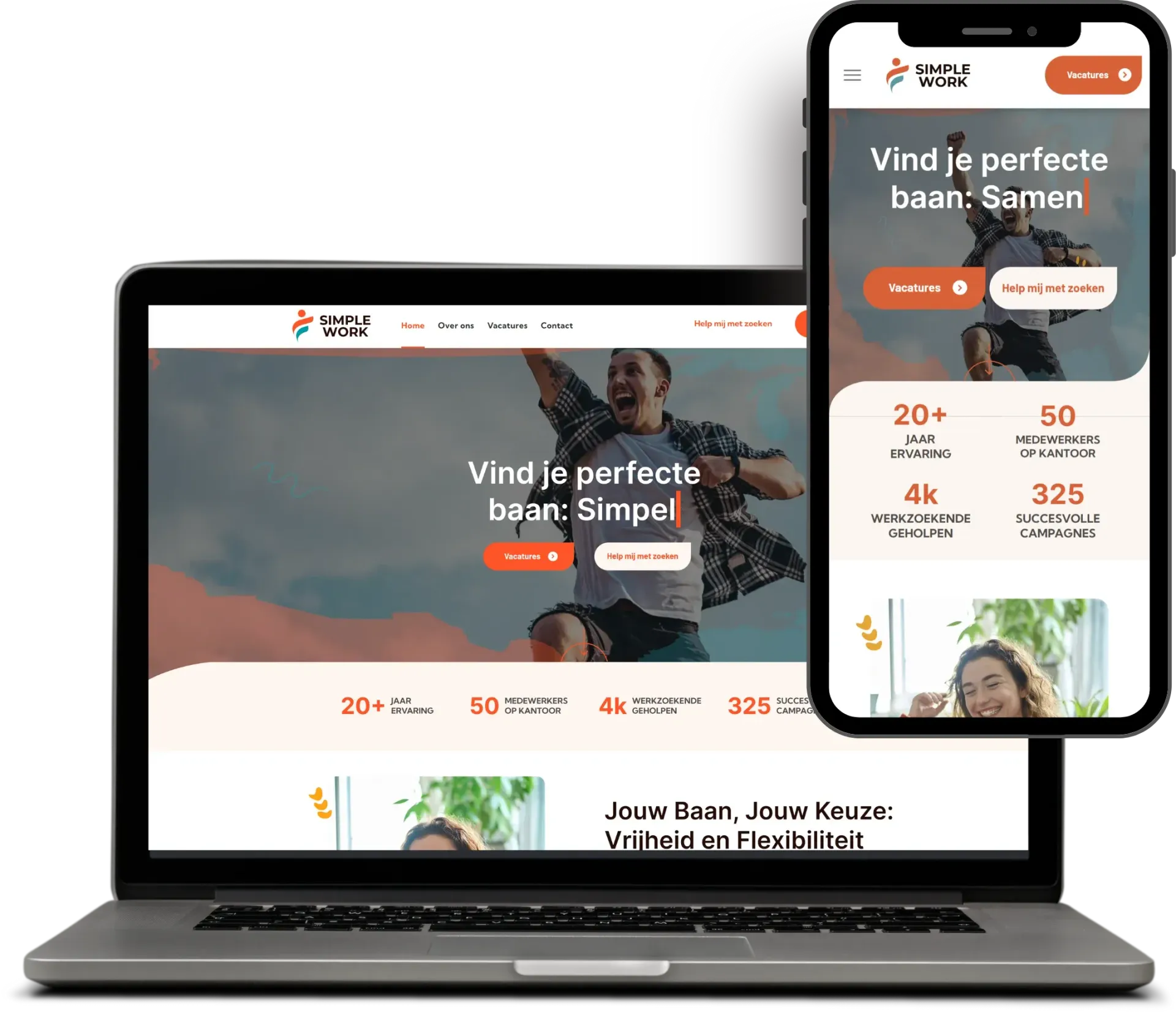 Een laptop en een mobiele telefoon met een website erop.