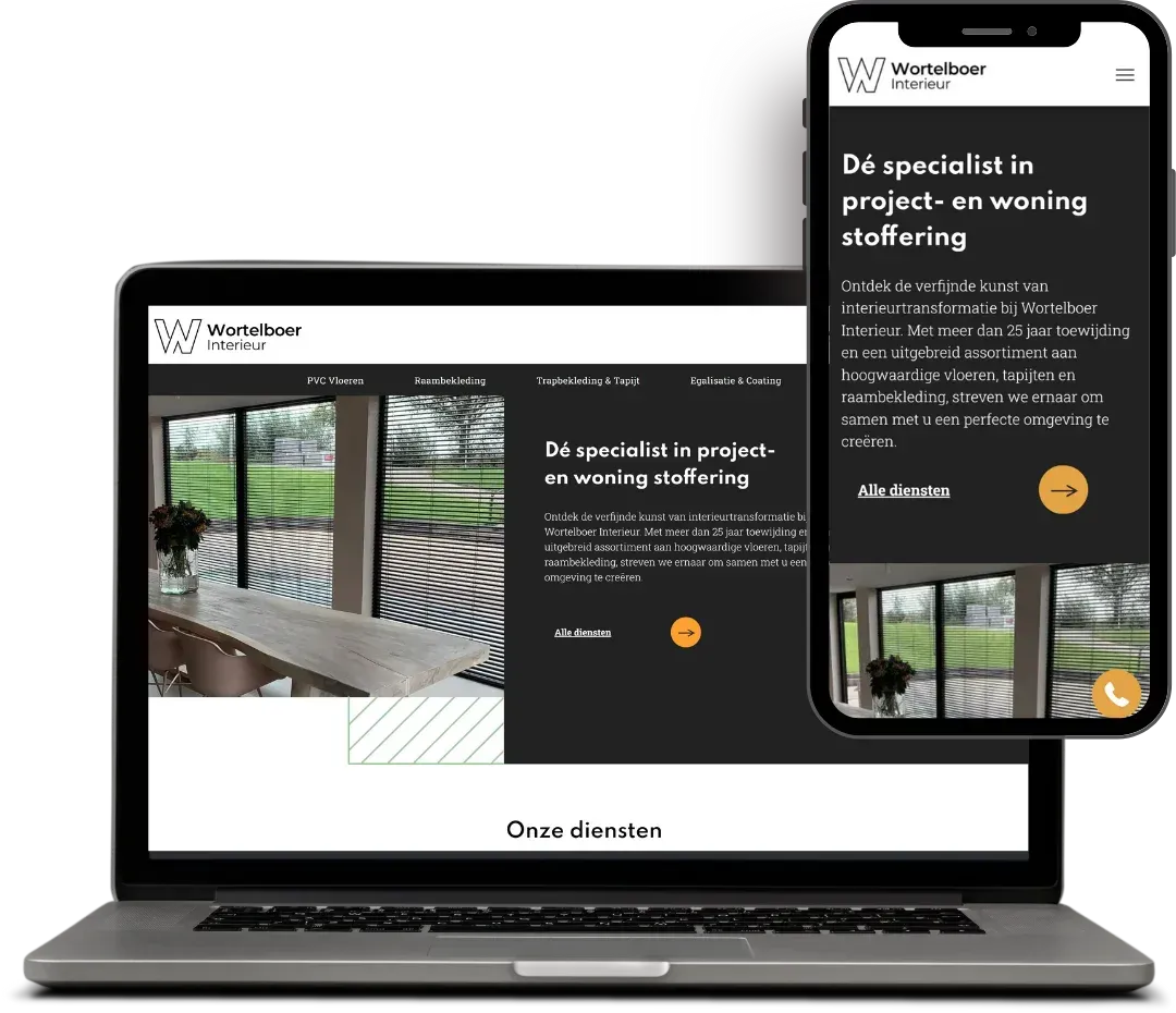 een laptop en een mobiele telefoon geven een website weer.