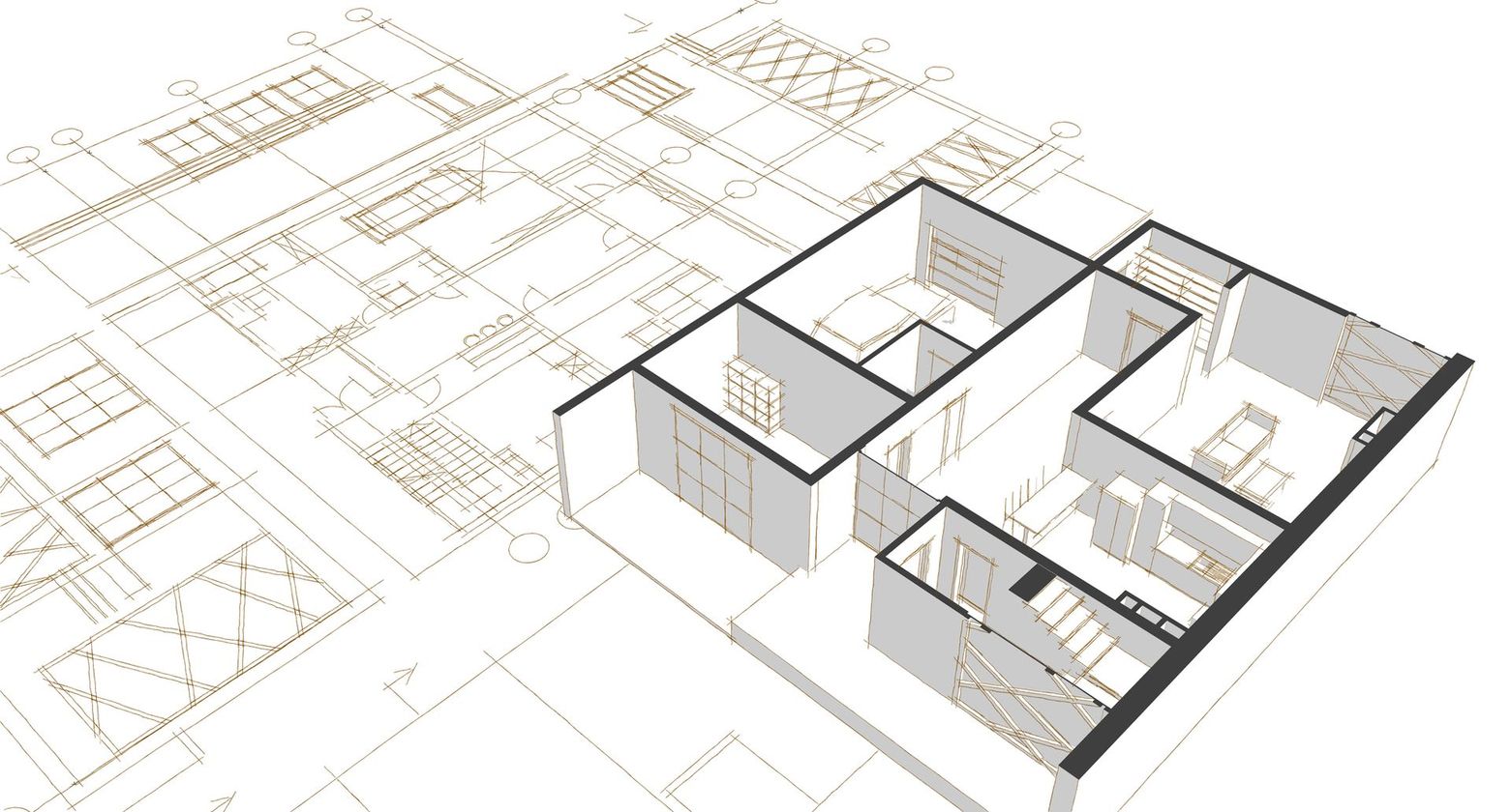 Progetto architettonico con planimetrie arrotolate, caschi di sicurezza e caffè su un tavolo da disegno.