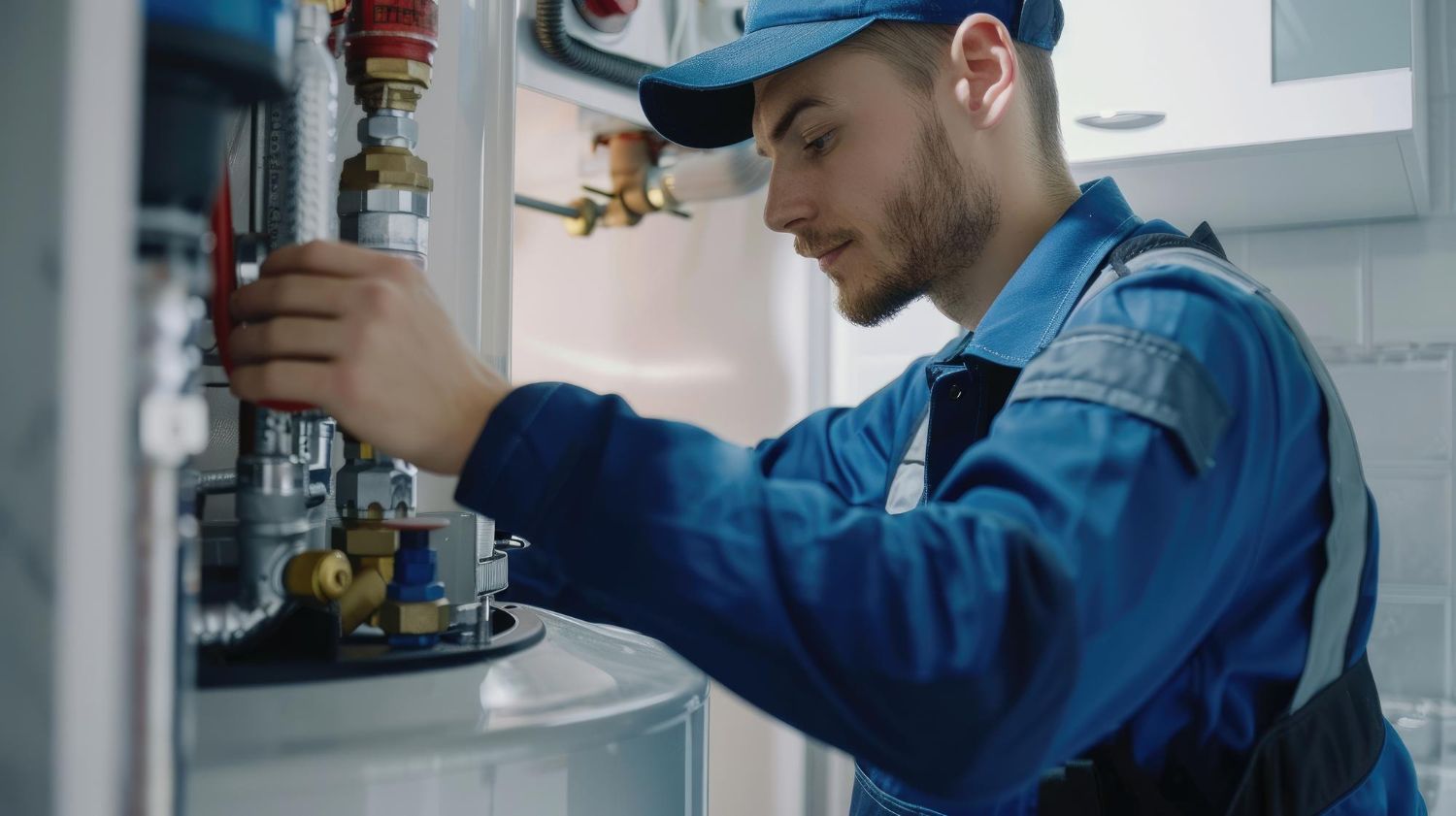 A plumber is fixing a water heater in a kitchen.