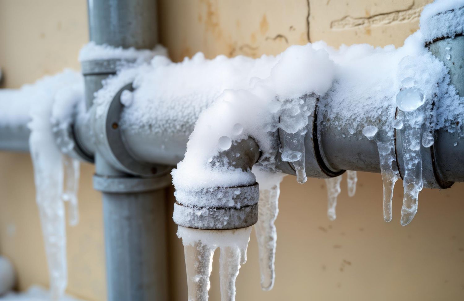 Pipes covered in snow and icicles, against a light-colored wall, indicating freezing temperatures.