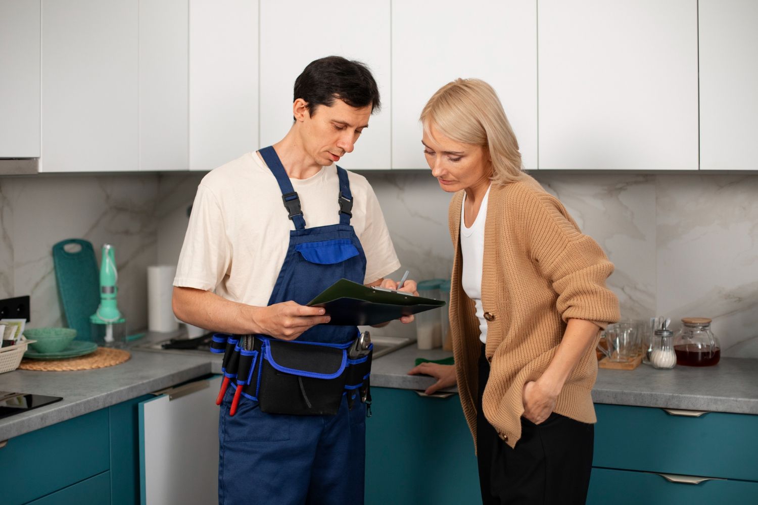 A man and a woman are standing in a kitchen looking at a clipboard.