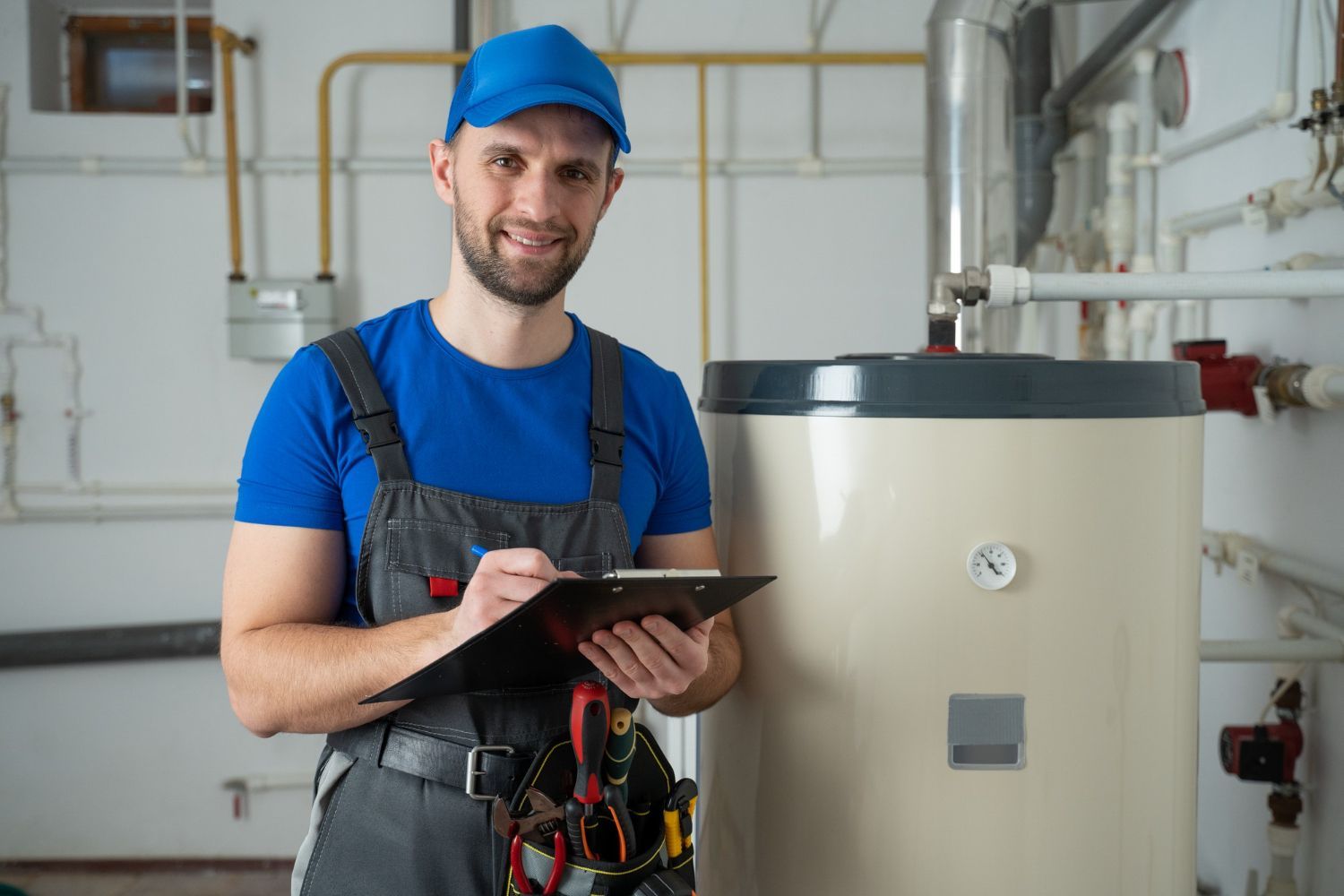 Smiling plumber in blue overalls by a water heater, taking notes.