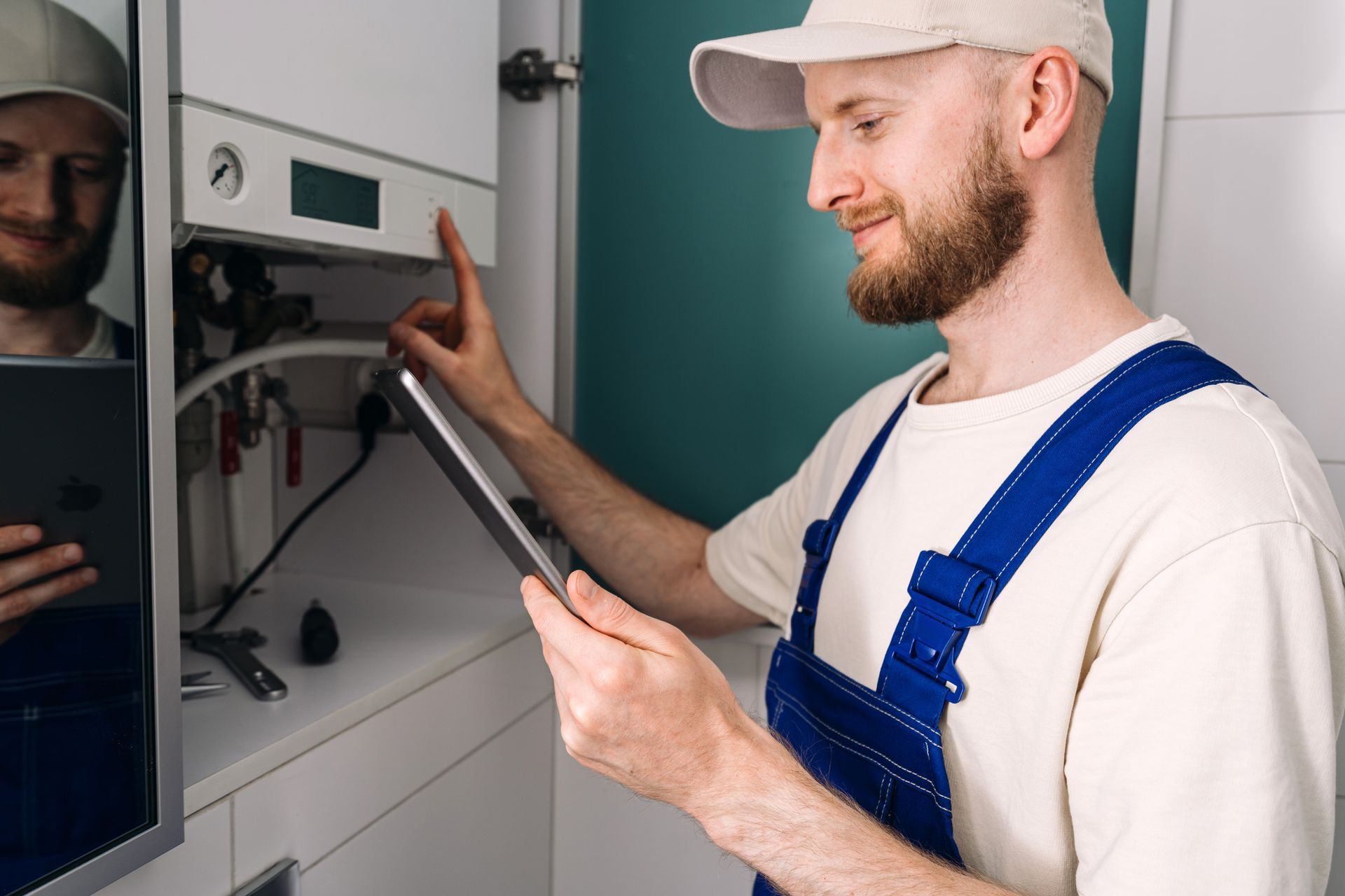 Technician inspecting an open electrical panel with a tablet in a utility room