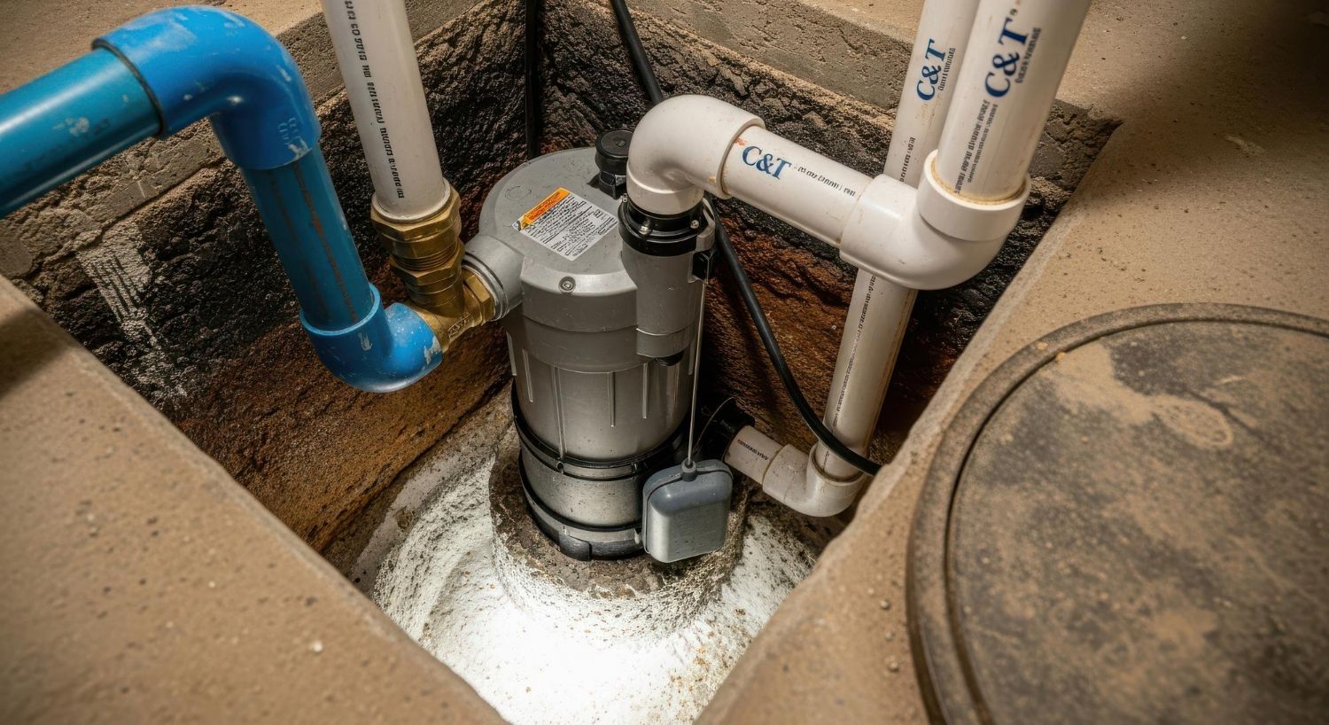 Sump pump in a concrete pit with connected pipes, ready to pump out water.