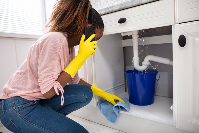 a woman is kneeling under a sink while talking on a cell phone .