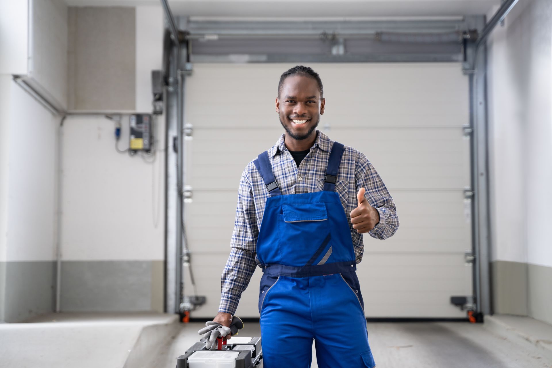 a man is standing in front of a garage door giving a thumbs up .