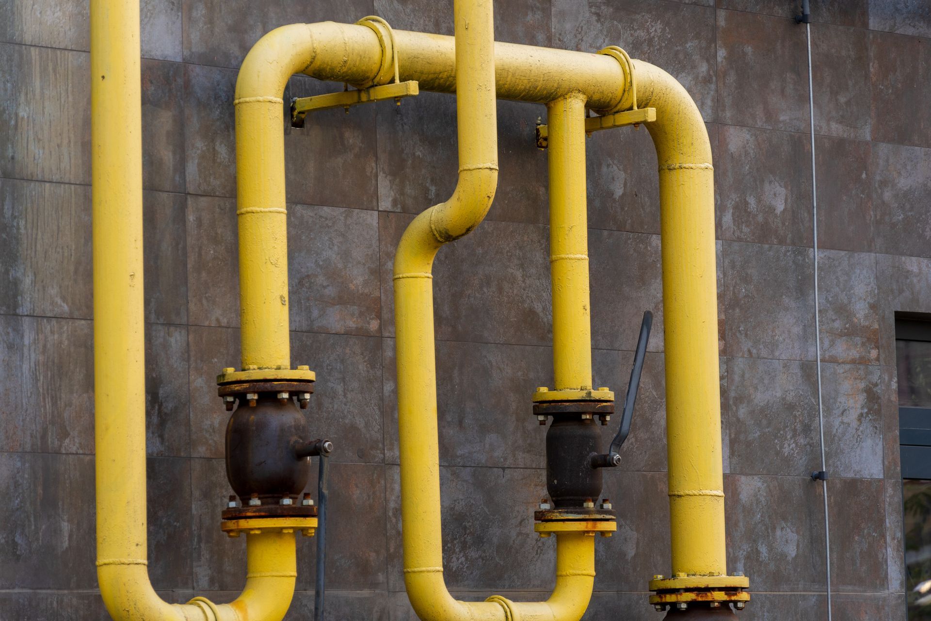 Yellow gas pipes on a textured concrete wall, with black valves.