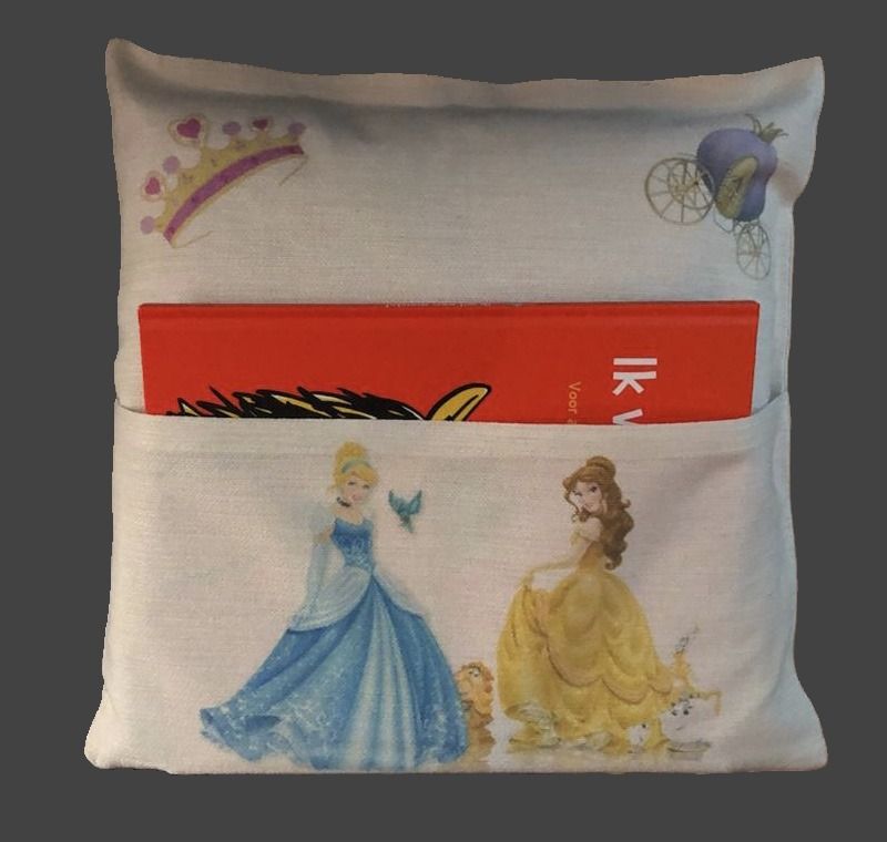 Kinderkussen, prinsessen, met extra vak voor het opbergen van een boek of pyama