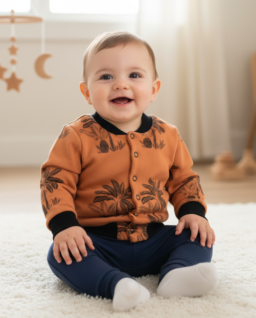 Merkstof, kinder vestje met palmbomen, 6-9 maanden, drukkersluiting, jongens vestje met zwarte boorden, oranje, brique roest