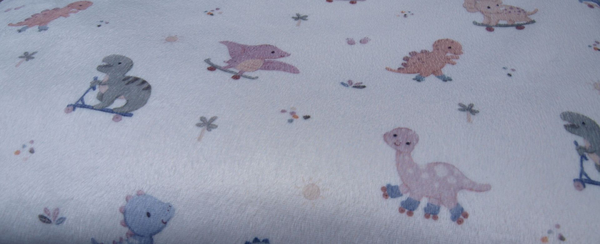 Prachtig  roomwit fleecedekentje, met bontvoering en dino's op wieltjes, van skatebord tot rolschaatsen, in lieve babykleuren