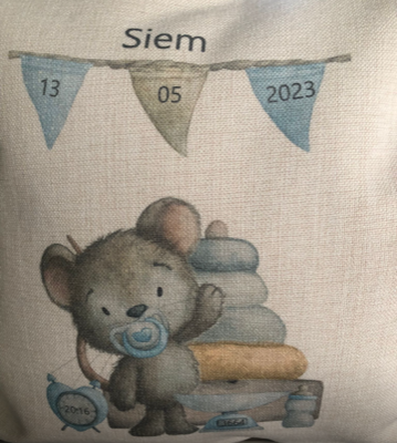 Geen geboortetegel maar een geboorte kussen, helemaal van deze tijd