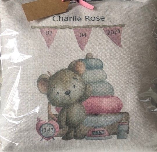 Geen geboortetegel maar een geboorte kussen, helemaal van deze tijd