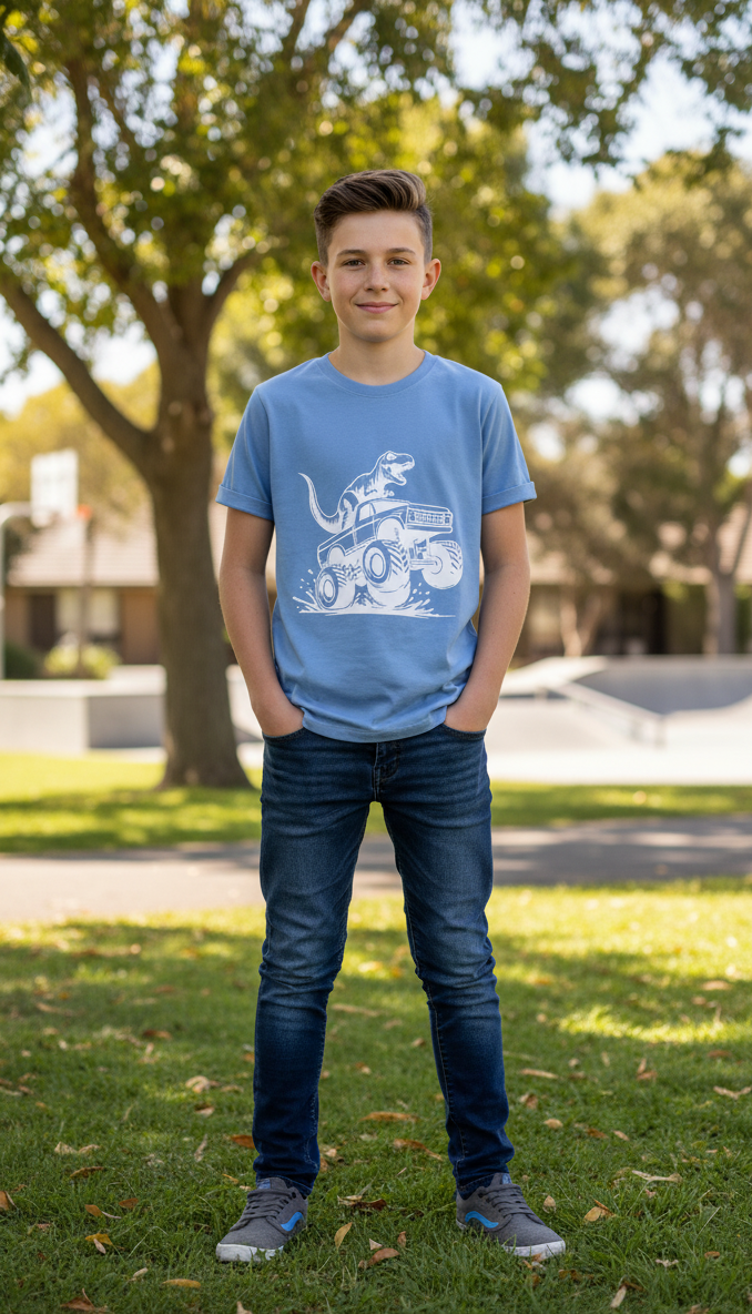mooie heldere kleur blauw, T shirt bedrukt met Dino op terreinwagen, Velourlook bedrukking,12-13 jaar
