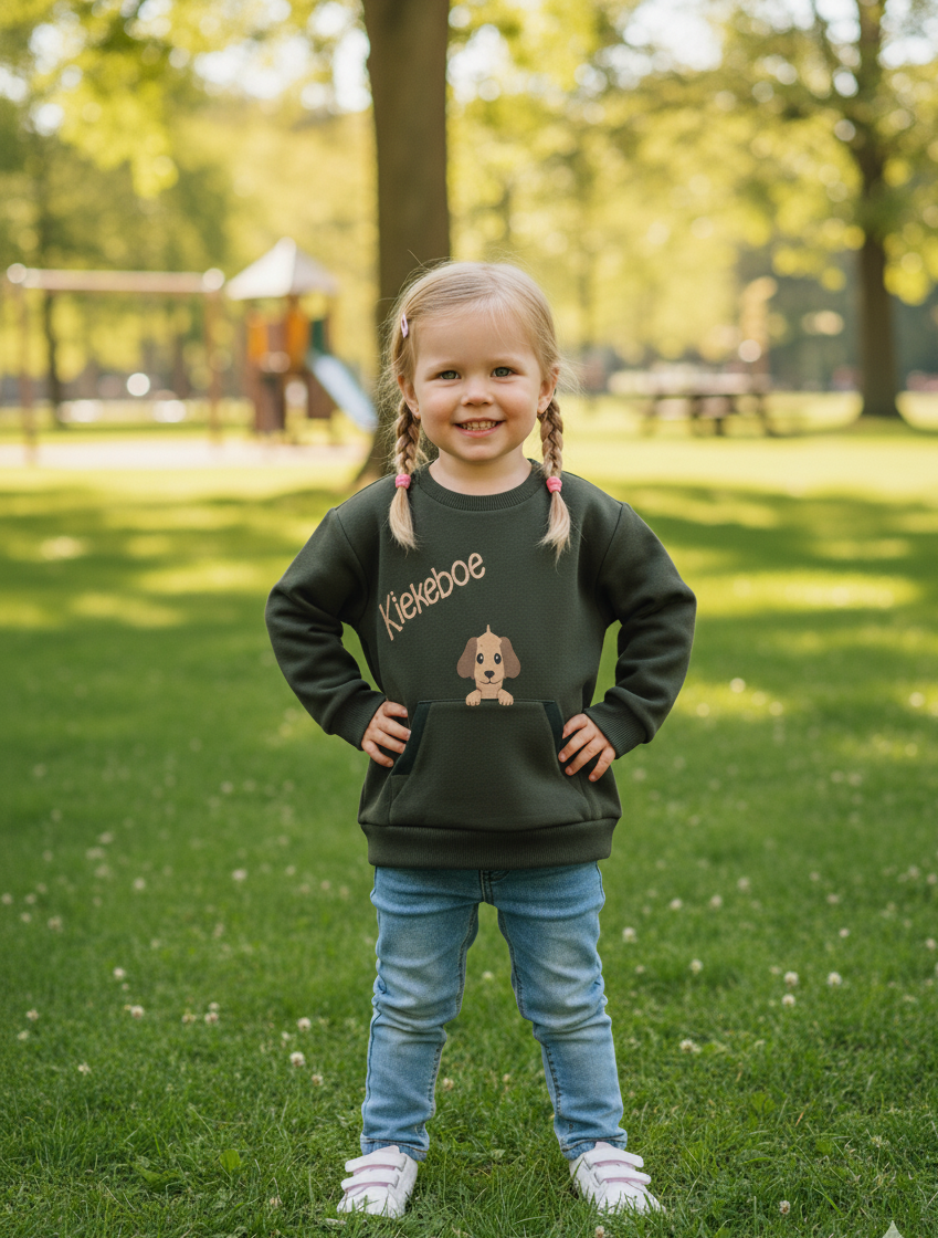 Jong kind met blond haar, lachend, gekleed in een groene trui met een afbeelding van een puppy en het woord