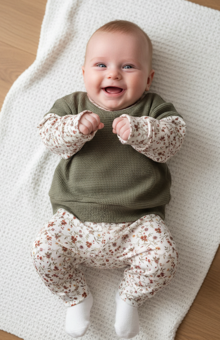 Origineel-Groen babytruitje, wafelstof-met bloemetjesmouwen en -bijpassend-broekje