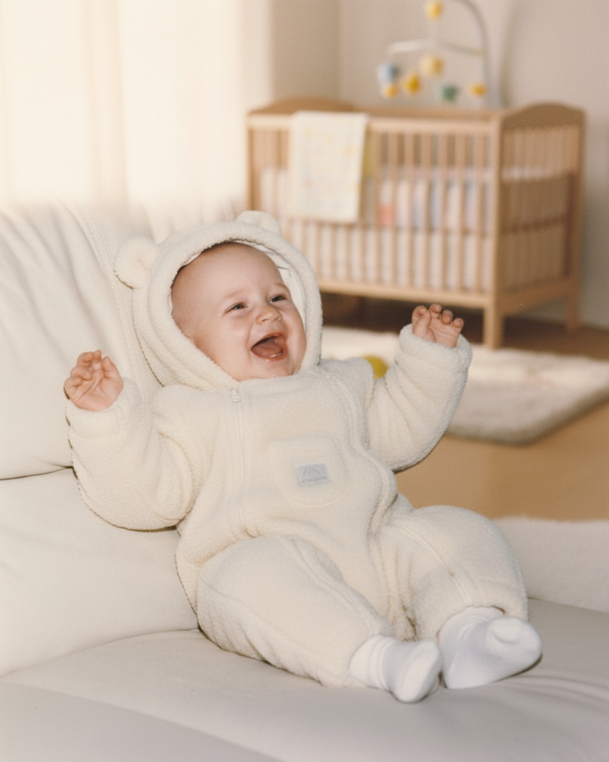 Gebroken wit teddyberen pak maat 74-80. Welke baby wordt nou niet vrolijk van dit leuke winterpak met dubbele ritssluitingen.