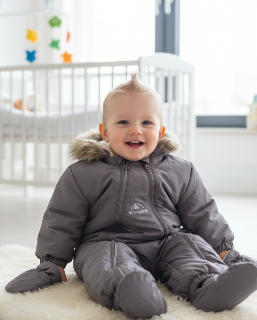 Mooi ski pak grijs, met hoodie, bontrand kan er eenvoudig afgehaald worden, voor jongens en meisjes maat 74, heerlijk warm gevoerd