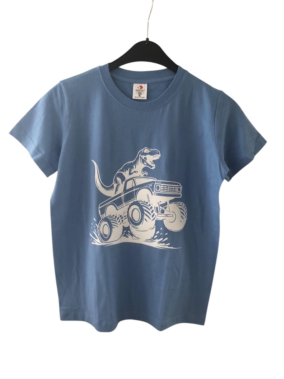 mooie heldere kleur blauw, T shirt bedrukt met Dino op terreinwagen, Velourlook bedrukking,12-13 jaar