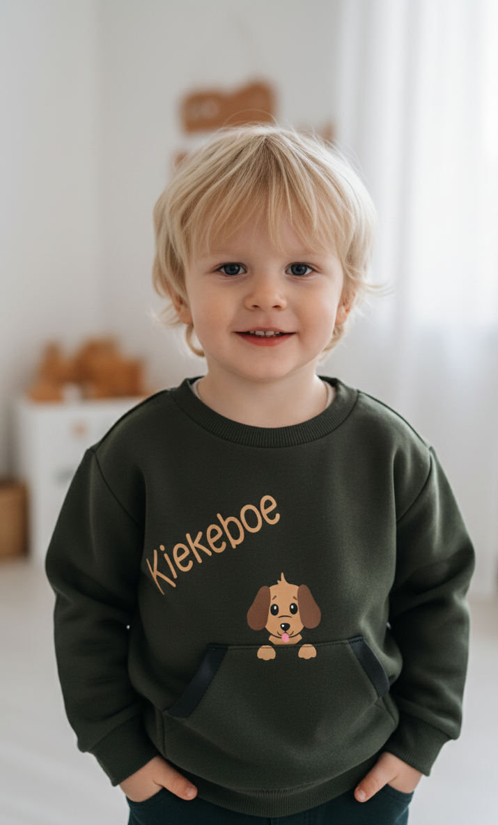 Jong kind met blond haar, lachend, gekleed in een groene trui met een afbeelding van een puppy en het woord