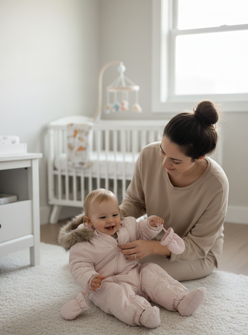 Geweldig baby meisjesskipak met handige afneembare bontrand, wantjes en slofjes. In de kleur: heel licht roze en maat 74-80.