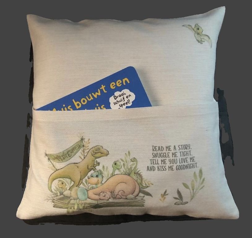 Kinderkussen, dino's, met extra vak voor het opbergen van een boek of pyama