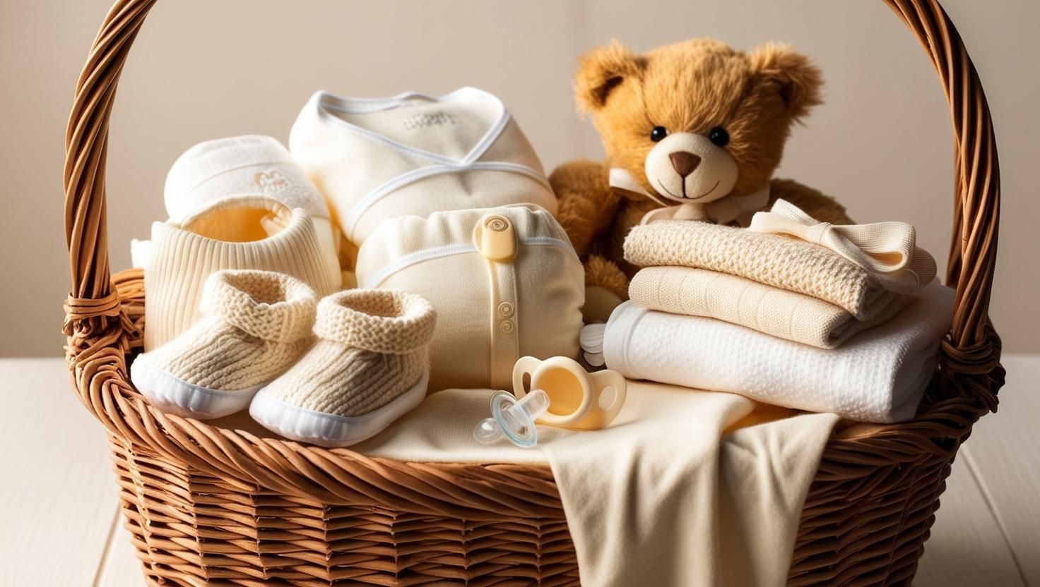 Mand met baby artikelen en teddybeer