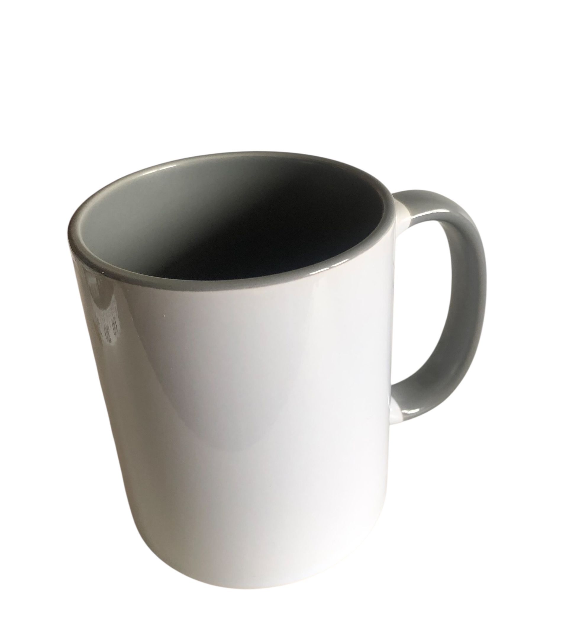 Een witte koffiemok met grijze binnenkant en oor om te bedrukken