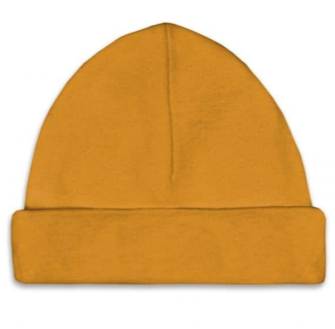 Babymutsje okergeel,  de naam kan op het boord gedrukt worden