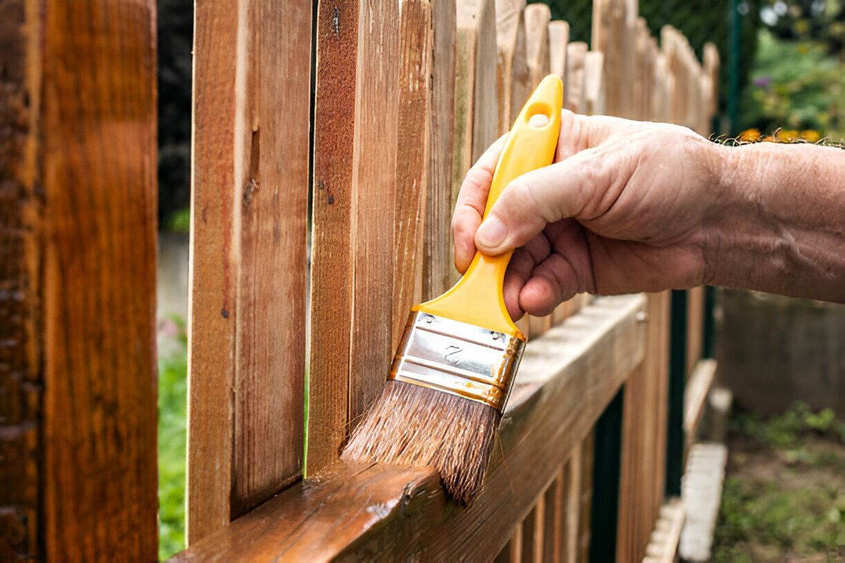 A wooden fence surrounds a lush green lawn in a backyard.