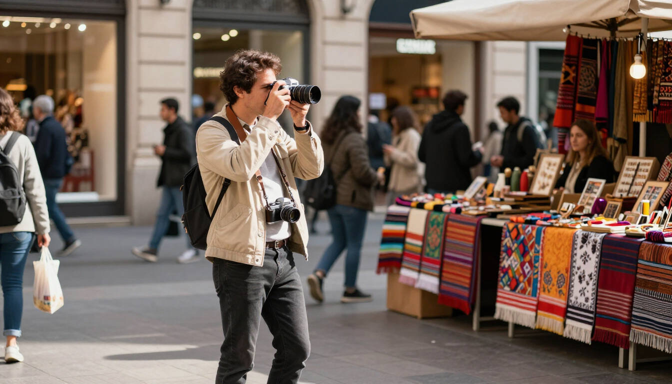 Photographer taking a street photo beside a colorful outdoor market stall in a city plaza