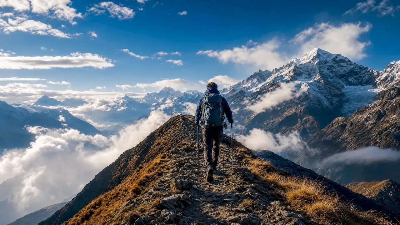 Hiker standing on a mountain ridge above clouds, with snowy peaks and a blue sky in the background