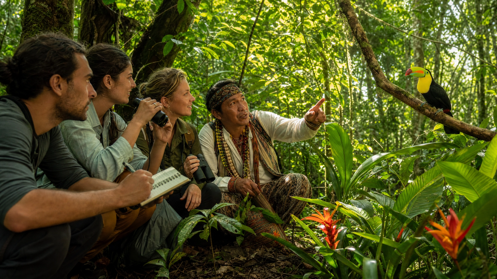 Group of hikers in a lush jungle pointing at a colorful bird on a branch