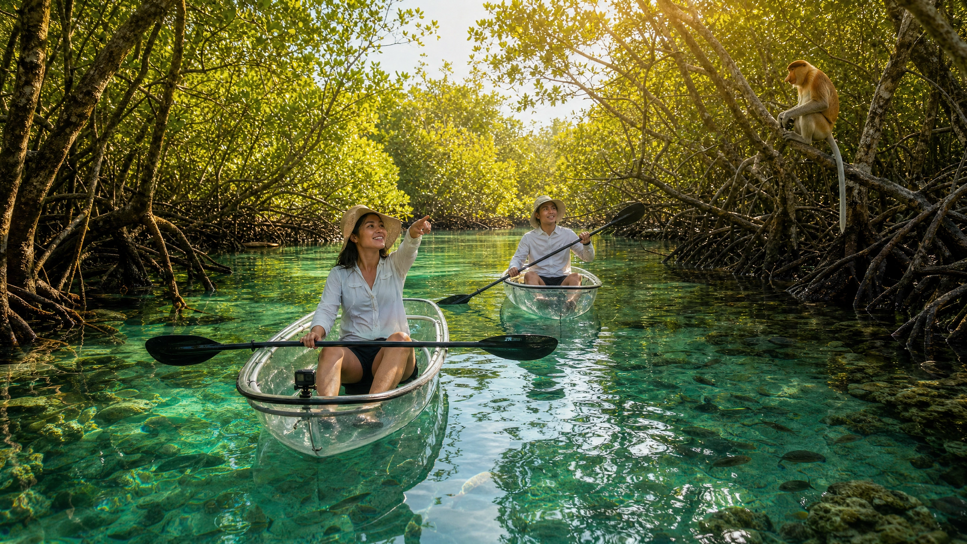 Two people kayaking through a turquoise mangrove canal in sunlight