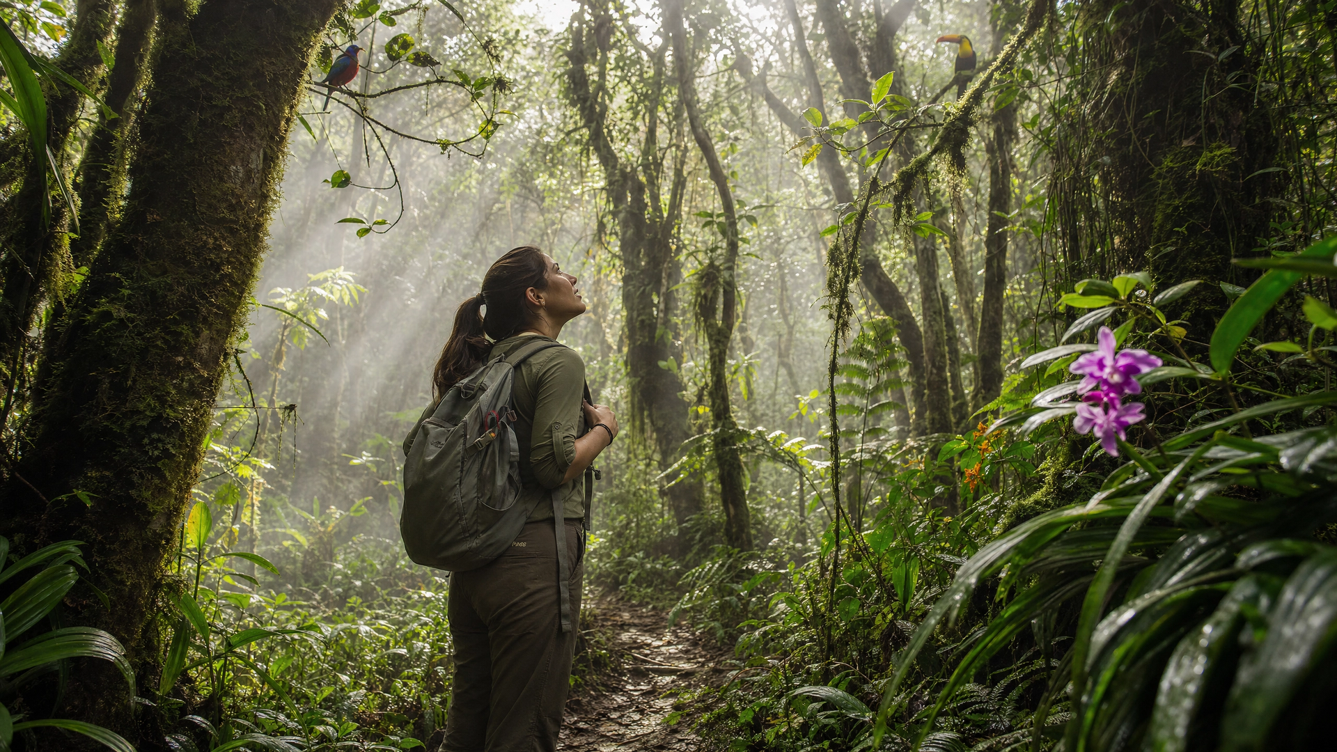 Hiker with backpack standing in a lush jungle, looking toward purple flowers in dappled sunlight