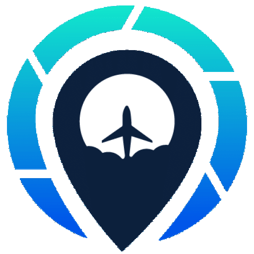 Blue and teal circular travel logo with a map pin and airplane silhouette