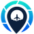 Blue and teal circular travel logo with a map pin and airplane silhouette