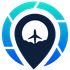Blue and teal circular travel logo with a map pin and airplane silhouette