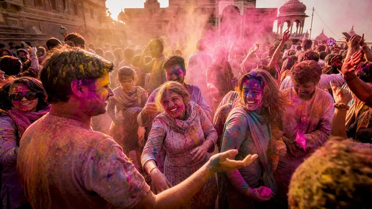 Crowd celebrating with pink powder in the air at an outdoor festival, smiling and dancing near a temple
