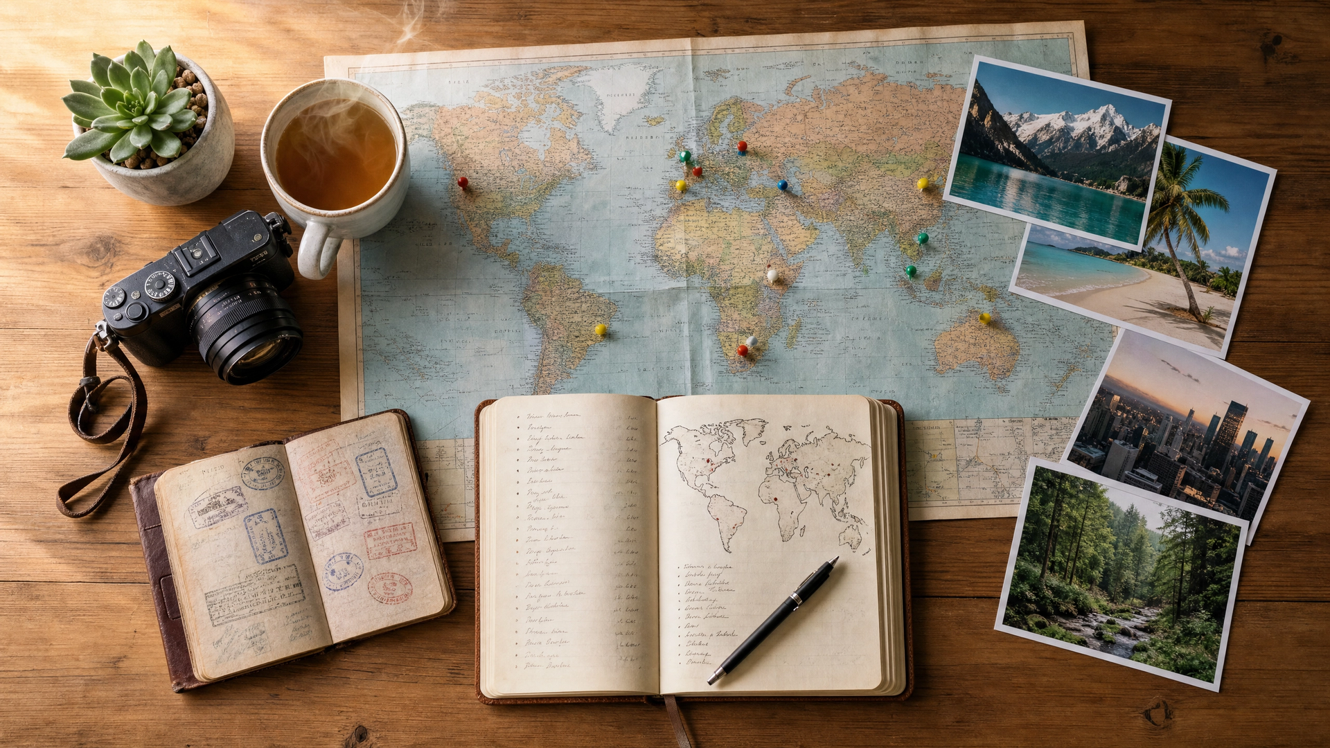Travel planning flat lay with world map, camera, coffee, open notebook, and souvenir photos on a wooden table