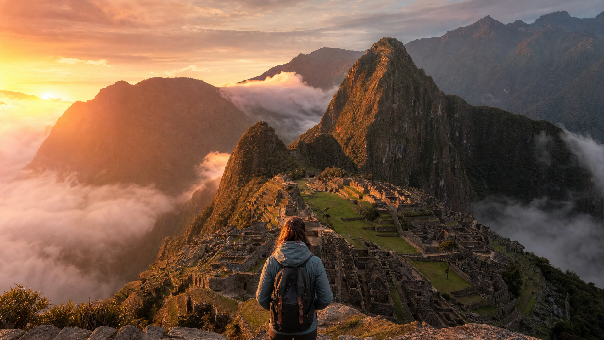 Backpacker overlooking Machu Picchu at sunrise, with golden light, mountains, and mist
